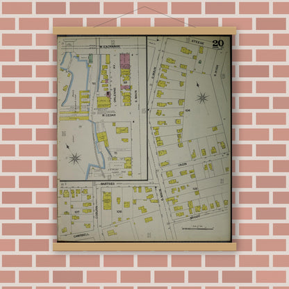 Old map wall art mockup — magnetic wood frame on brick wall — Sanborn Fire Insurance Map from Akron, Summit County, Ohio (1892), Sheet #0020