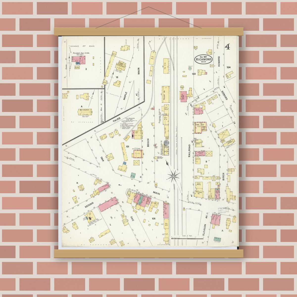 Old map wall art mockup — magnetic wood frame on brick wall — Sanborn Fire Insurance Map from Richmond, Macomb County, Michigan (1907), Sheet #0004