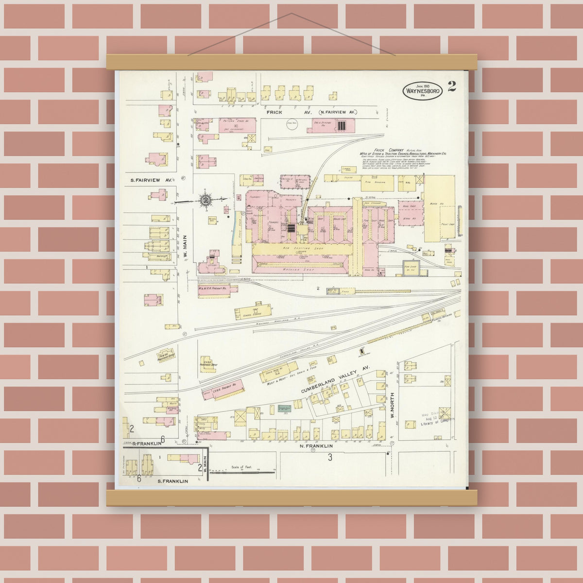 Old map wall art mockup — magnetic wood frame on brick wall — Sanborn Fire Insurance Map from Waynesboro, Franklin County, Pennsylvania (1910), Sheet #0002
