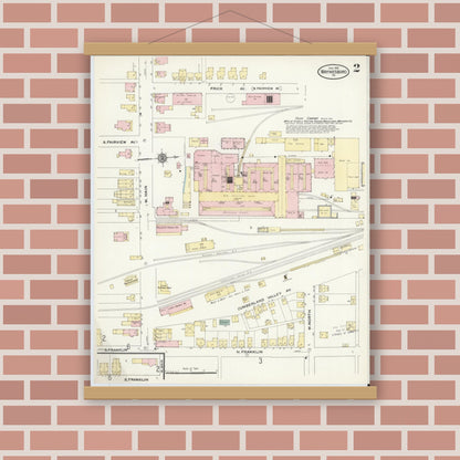 Old map wall art mockup — magnetic wood frame on brick wall — Sanborn Fire Insurance Map from Waynesboro, Franklin County, Pennsylvania (1910), Sheet #0002