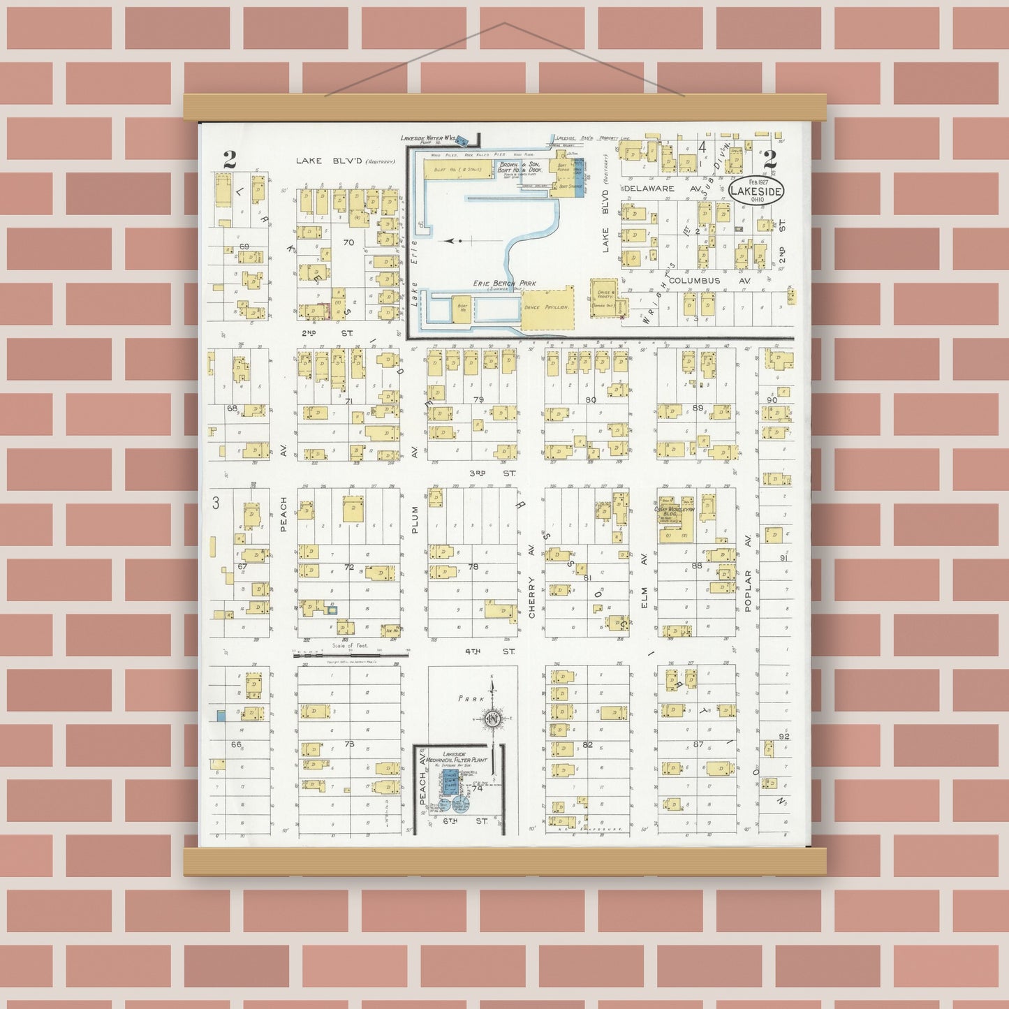 Old map wall art mockup — magnetic wood frame on brick wall — Sanborn Fire Insurance Map from Lakeside, Ottawa County, Ohio (1927), Sheet #0002