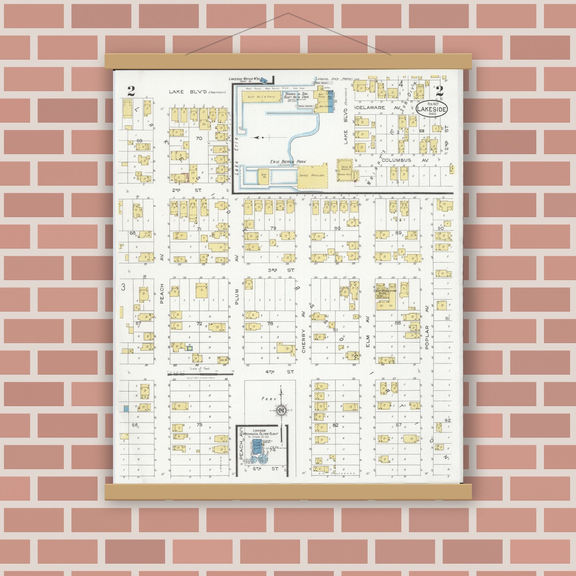 Old map wall art mockup — magnetic wood frame on brick wall — Sanborn Fire Insurance Map from Lakeside, Ottawa County, Ohio (1927), Sheet #0002
