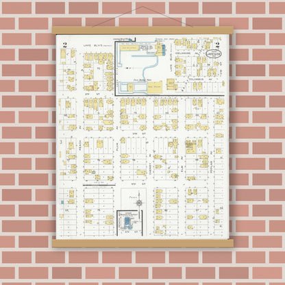 Old map wall art mockup — magnetic wood frame on brick wall — Sanborn Fire Insurance Map from Lakeside, Ottawa County, Ohio (1927), Sheet #0002