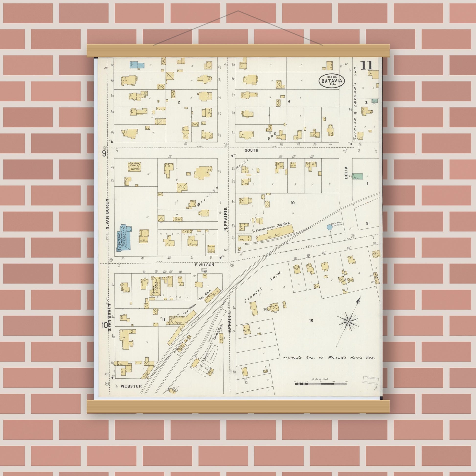 Old map wall art mockup — magnetic wood frame on brick wall — Sanborn Fire Insurance Map from Batavia, Kane County, Illinois (1897), Sheet #0011
