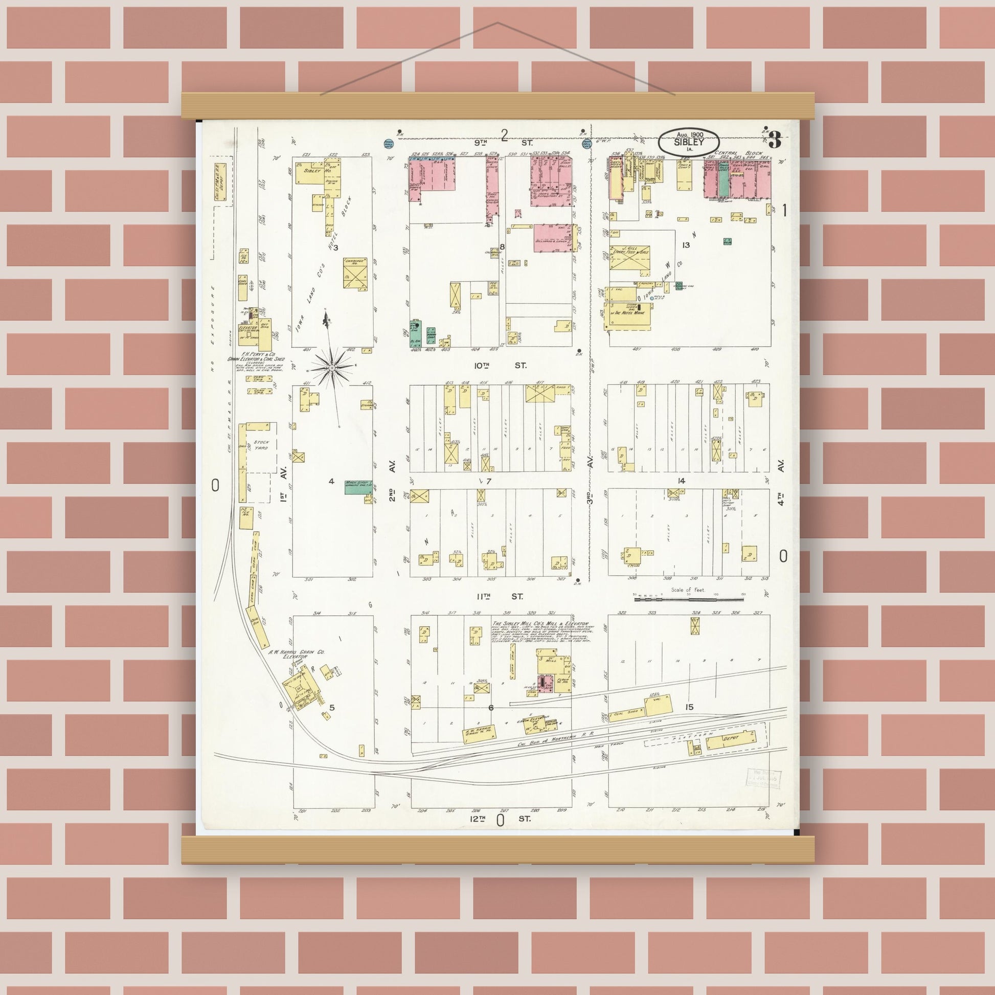 Old map wall art mockup — magnetic wood frame on brick wall — Sanborn Fire Insurance Map from Sibley, Osceola County, Iowa (1900), Sheet #0003