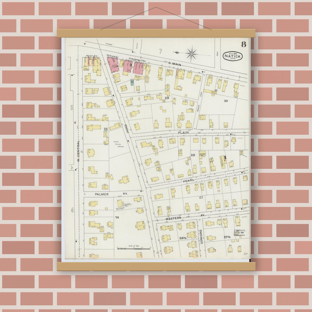 Old map wall art mockup — magnetic wood frame on brick wall — Sanborn Fire Insurance Map from Natick, Middlesex County, Massachusetts (1894), Sheet #0008