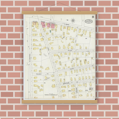 Old map wall art mockup — magnetic wood frame on brick wall — Sanborn Fire Insurance Map from Natick, Middlesex County, Massachusetts (1894), Sheet #0008