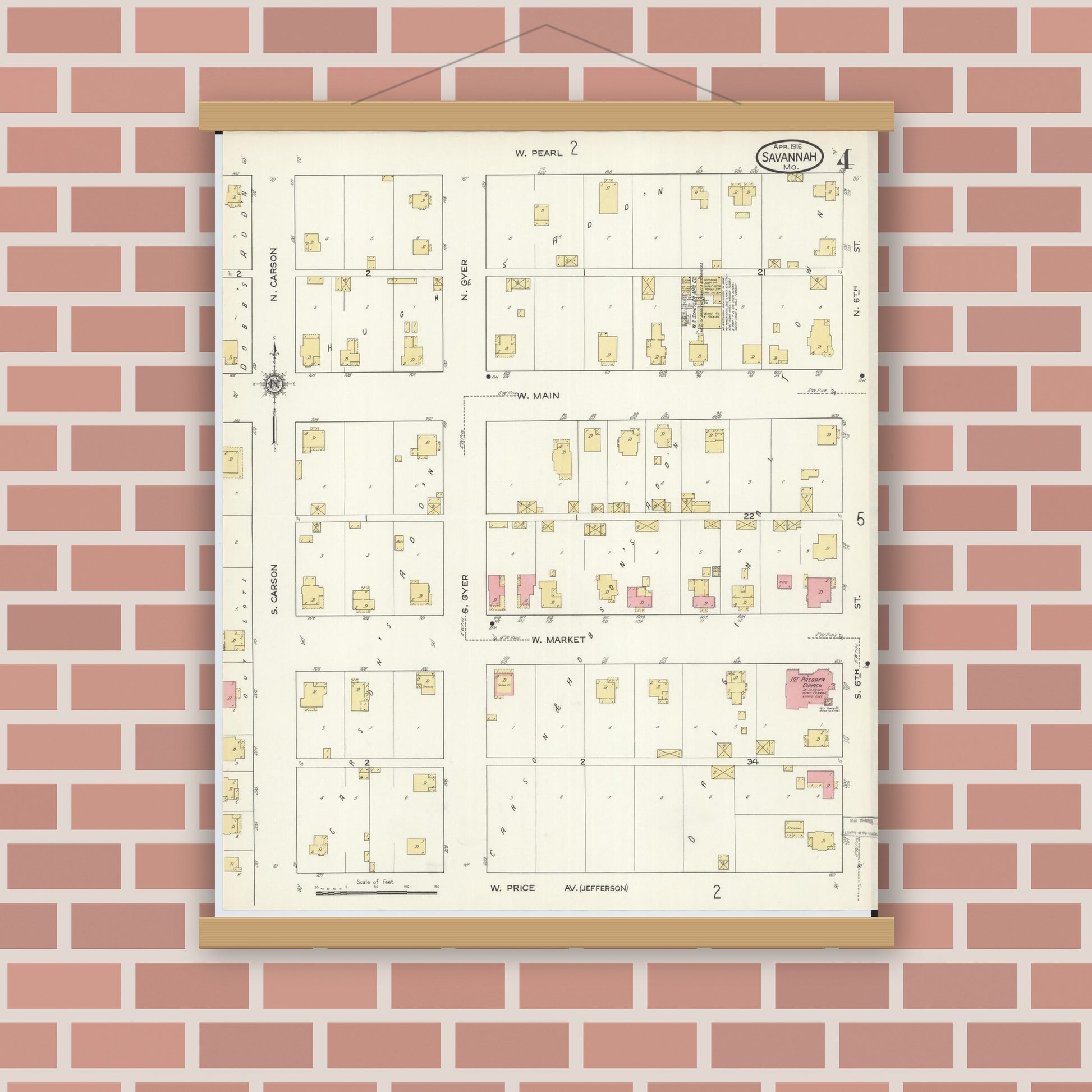 Old map wall art mockup — magnetic wood frame on brick wall — Sanborn Fire Insurance Map from Savannah, Andrew County, Missouri (1916), Sheet #0004