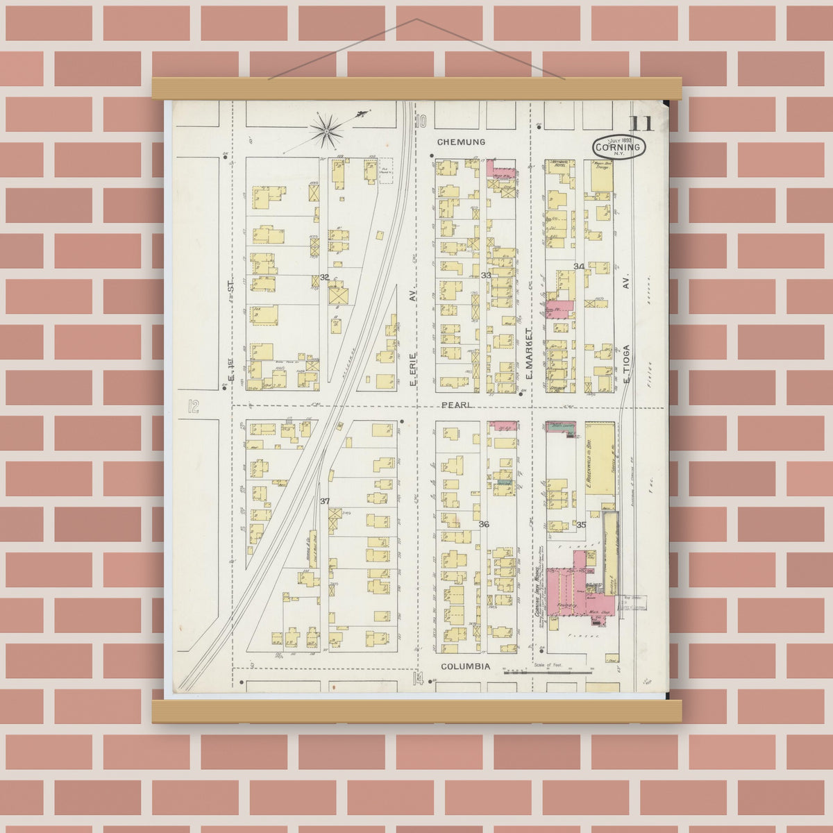 Old map wall art mockup — magnetic wood frame on brick wall — Sanborn Fire Insurance Map from Corning, Steuben County, New York (1893), Sheet #0011