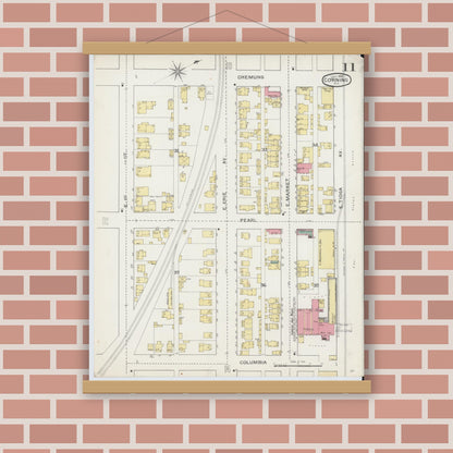 Old map wall art mockup — magnetic wood frame on brick wall — Sanborn Fire Insurance Map from Corning, Steuben County, New York (1893), Sheet #0011