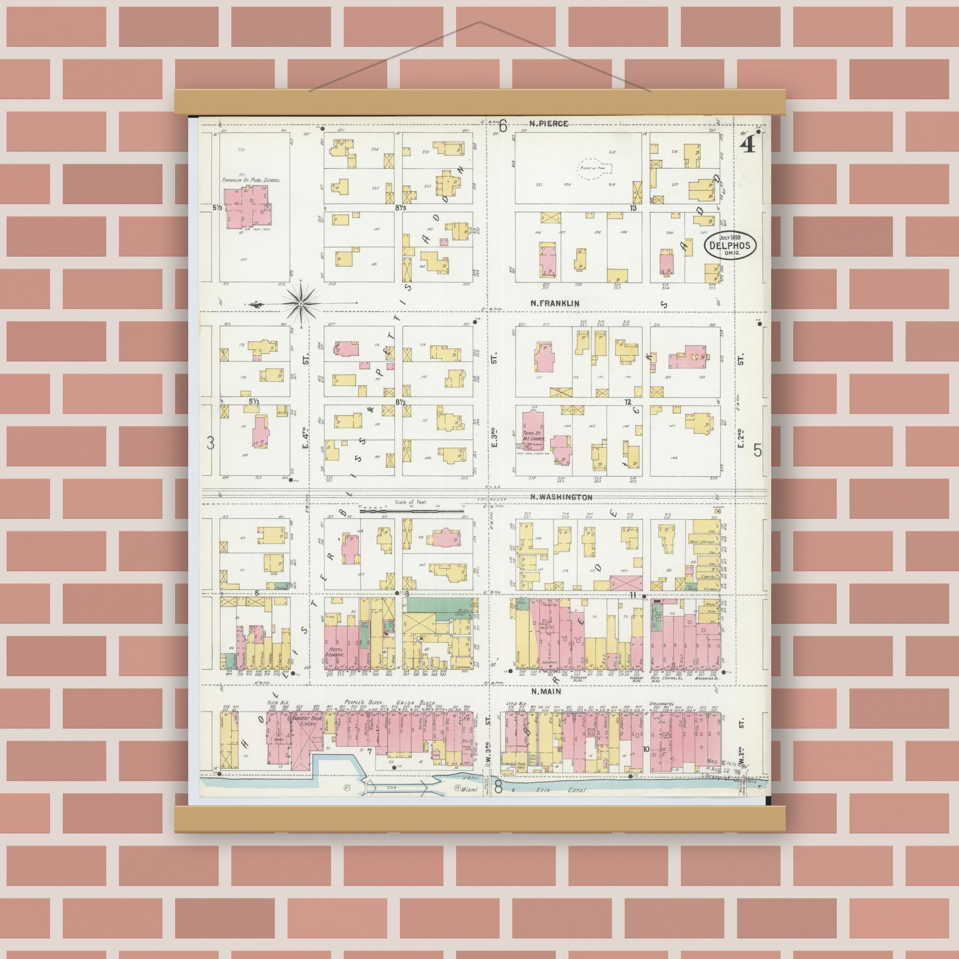 Old map wall art mockup — magnetic wood frame on brick wall — Sanborn Fire Insurance Map from Delphos, Van Wert And Allen Counties, Ohio (1899), Sheet #0004
