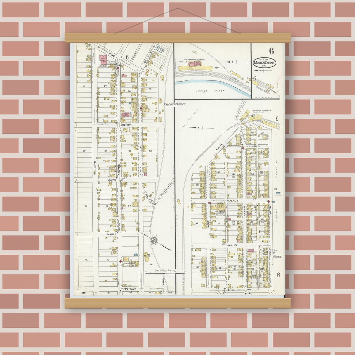 Old map wall art mockup — magnetic wood frame on brick wall — Sanborn Fire Insurance Map from Mauch Chunk, Carbon County, Pennsylvania (1915), Sheet #0006