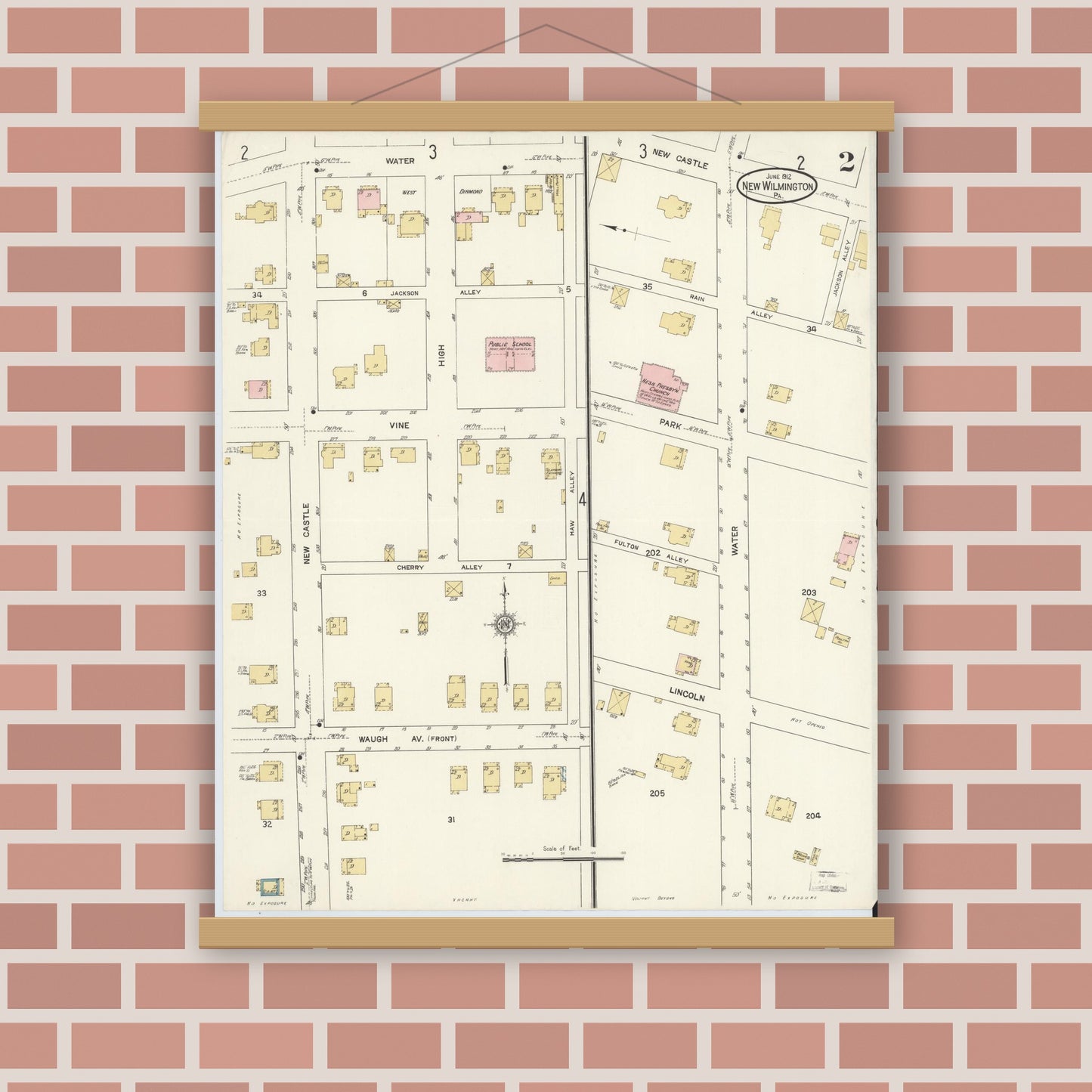 Old map wall art mockup — magnetic wood frame on brick wall — Sanborn Fire Insurance Map from New Wilmington, Lawrence County, Pennsylvania (1912), Sheet #0002