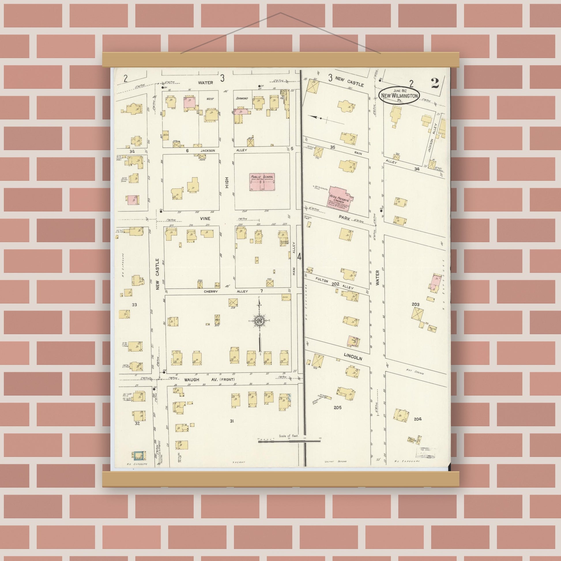 Old map wall art mockup — magnetic wood frame on brick wall — Sanborn Fire Insurance Map from New Wilmington, Lawrence County, Pennsylvania (1912), Sheet #0002