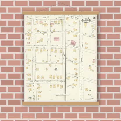 Old map wall art mockup — magnetic wood frame on brick wall — Sanborn Fire Insurance Map from New Wilmington, Lawrence County, Pennsylvania (1912), Sheet #0002