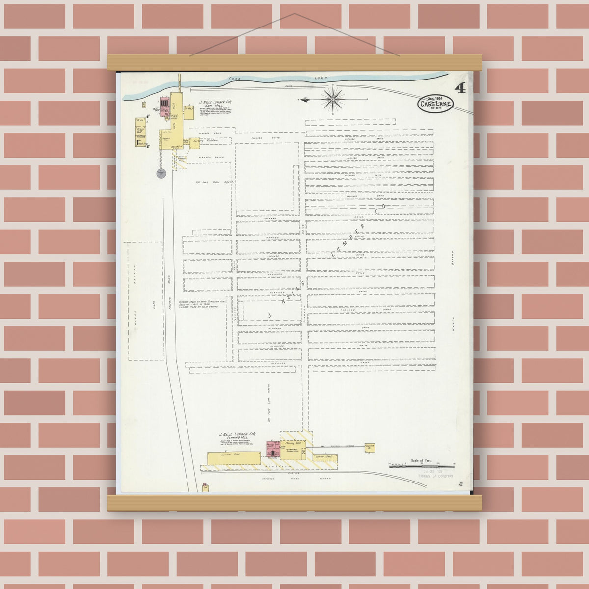 Old map wall art mockup — magnetic wood frame on brick wall — Sanborn Fire Insurance Map from Cass Lake, Cass County, Minnesota (1904), Sheet #0004