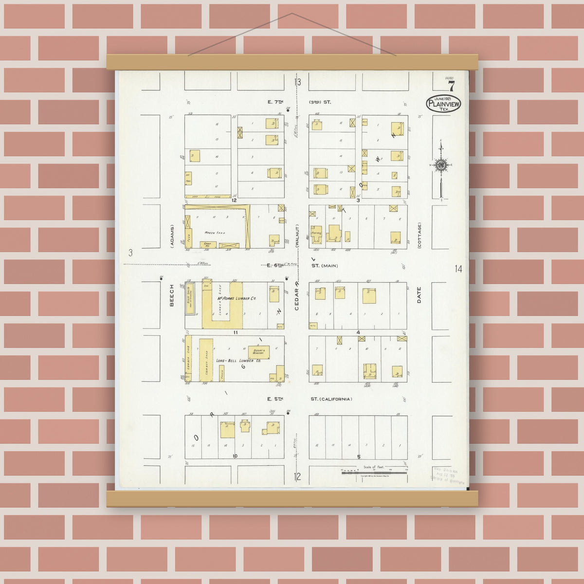 Old map wall art mockup — magnetic wood frame on brick wall — Sanborn Fire Insurance Map from Plainview, Hale County, Texas (1921), Sheet #0007