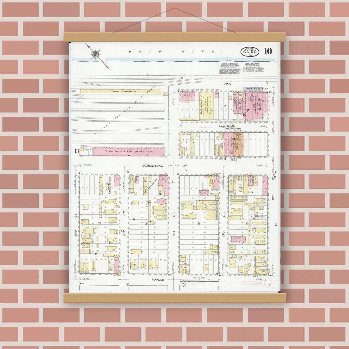 Old map wall art mockup — magnetic wood frame on brick wall — Sanborn Fire Insurance Map from Cairo, Alexander County, Illinois (1914), Sheet #0010
