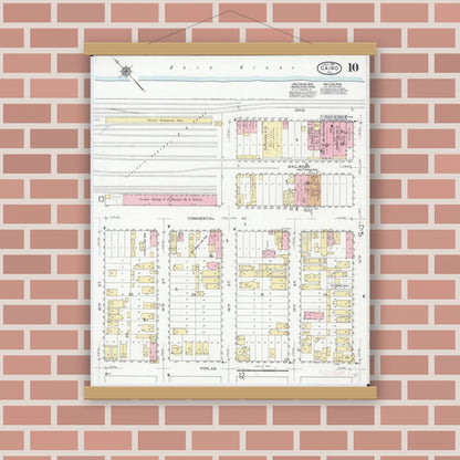 Old map wall art mockup — magnetic wood frame on brick wall — Sanborn Fire Insurance Map from Cairo, Alexander County, Illinois (1914), Sheet #0010