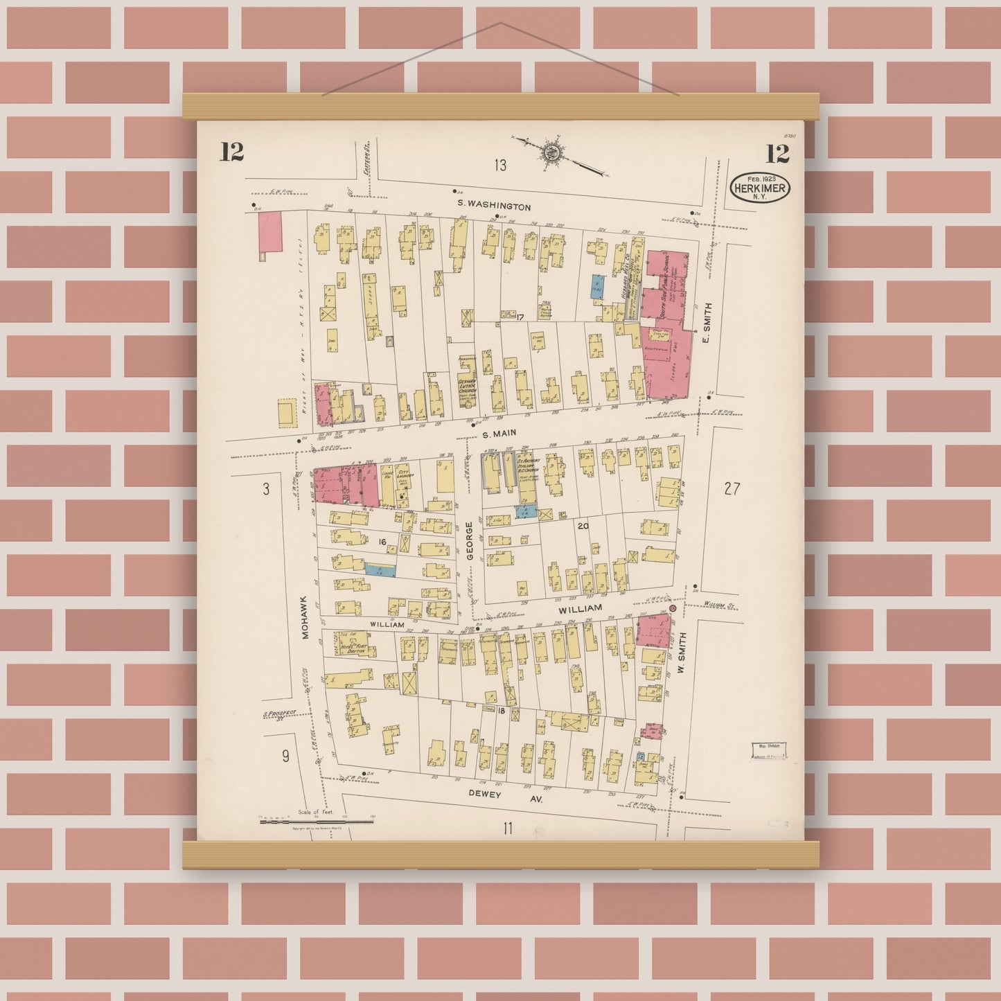 Old map wall art mockup — magnetic wood frame on brick wall — Sanborn Fire Insurance Map from Herkimer, Herkimer County, New York (1923), Sheet #0012