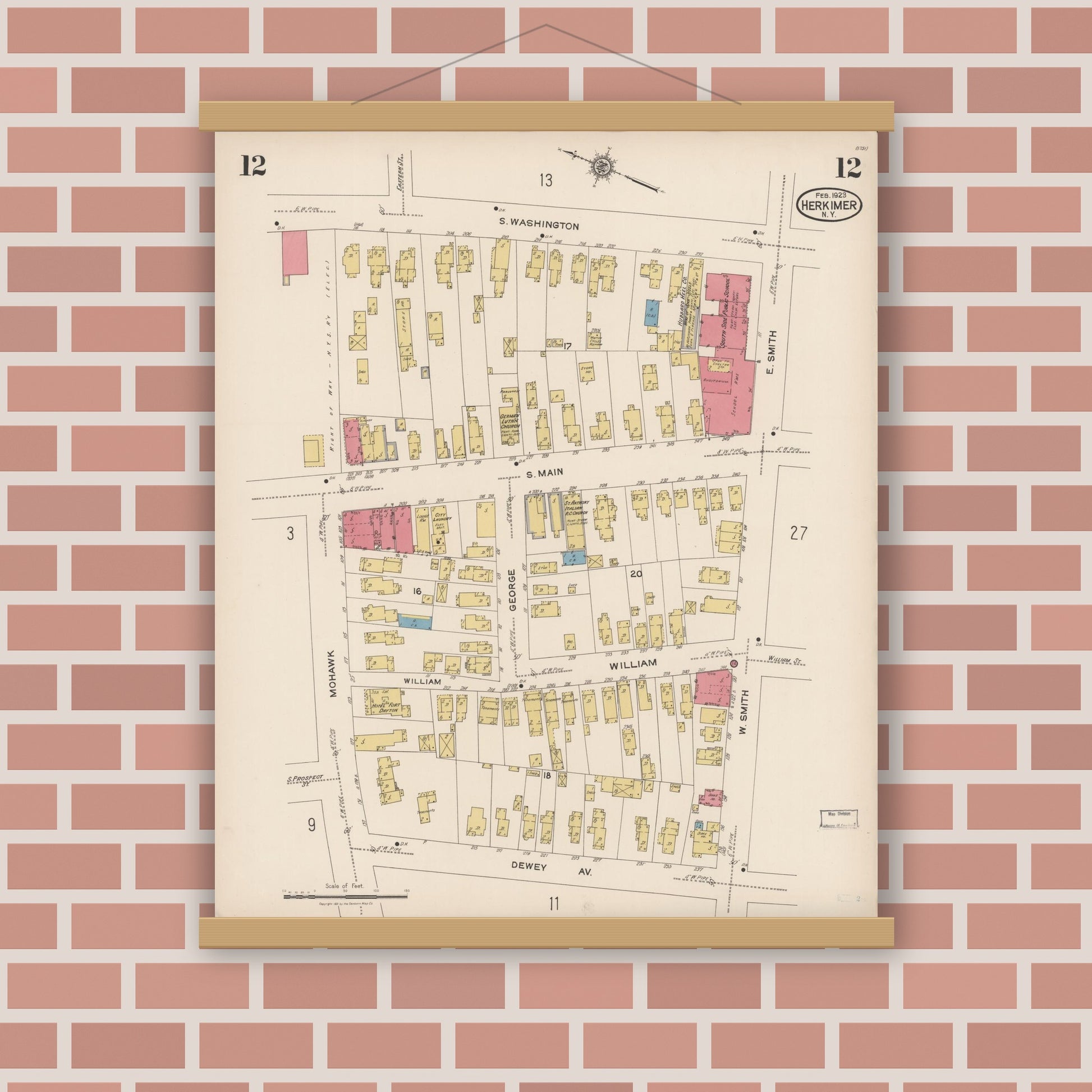 Old map wall art mockup — magnetic wood frame on brick wall — Sanborn Fire Insurance Map from Herkimer, Herkimer County, New York (1923), Sheet #0012