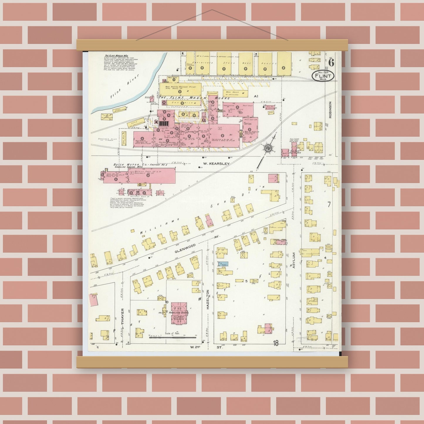 Old map wall art mockup — magnetic wood frame on brick wall — Sanborn Fire Insurance Map from Flint, Genesee County, Michigan (1909), Sheet #0006