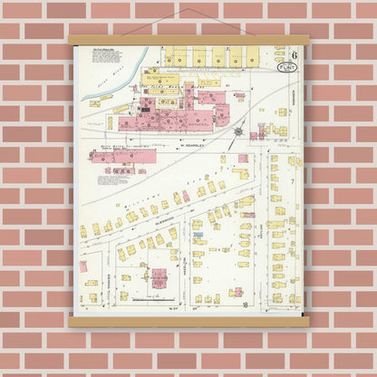 Old map wall art mockup — magnetic wood frame on brick wall — Sanborn Fire Insurance Map from Flint, Genesee County, Michigan (1909), Sheet #0006