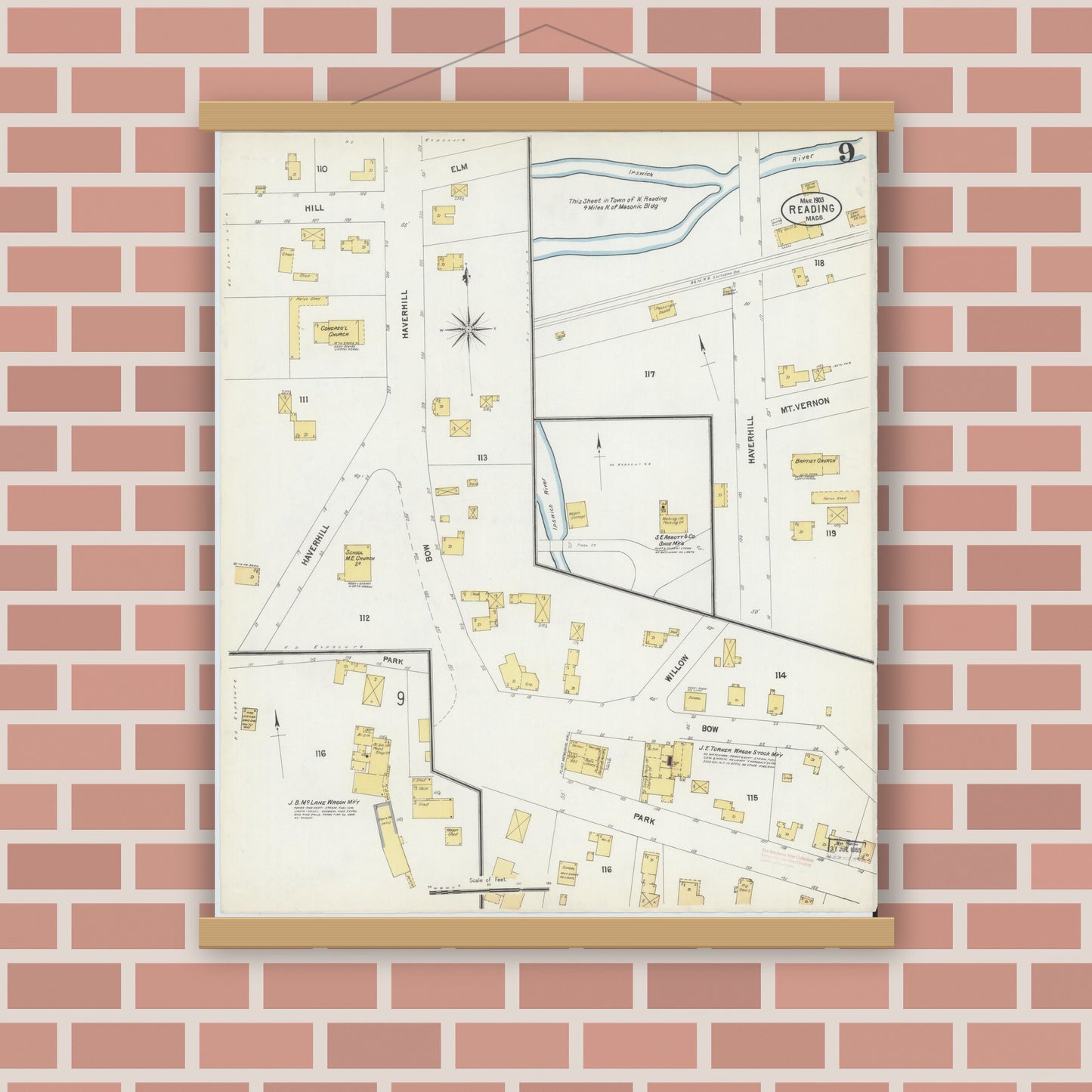 Old map wall art mockup — magnetic wood frame on brick wall — Sanborn Fire Insurance Map from Reading, Middlesex County, Massachusetts (1903), Sheet #0009