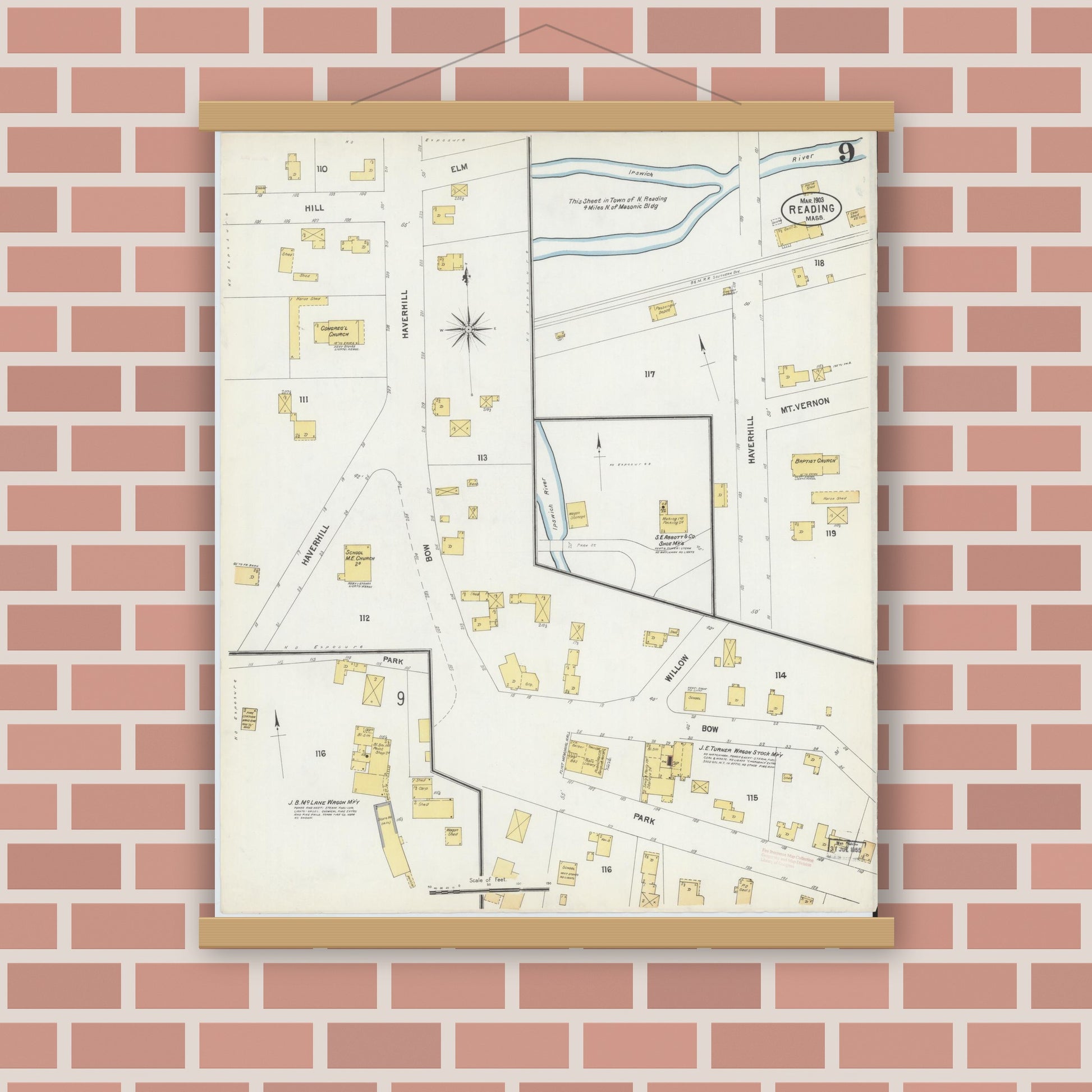 Old map wall art mockup — magnetic wood frame on brick wall — Sanborn Fire Insurance Map from Reading, Middlesex County, Massachusetts (1903), Sheet #0009