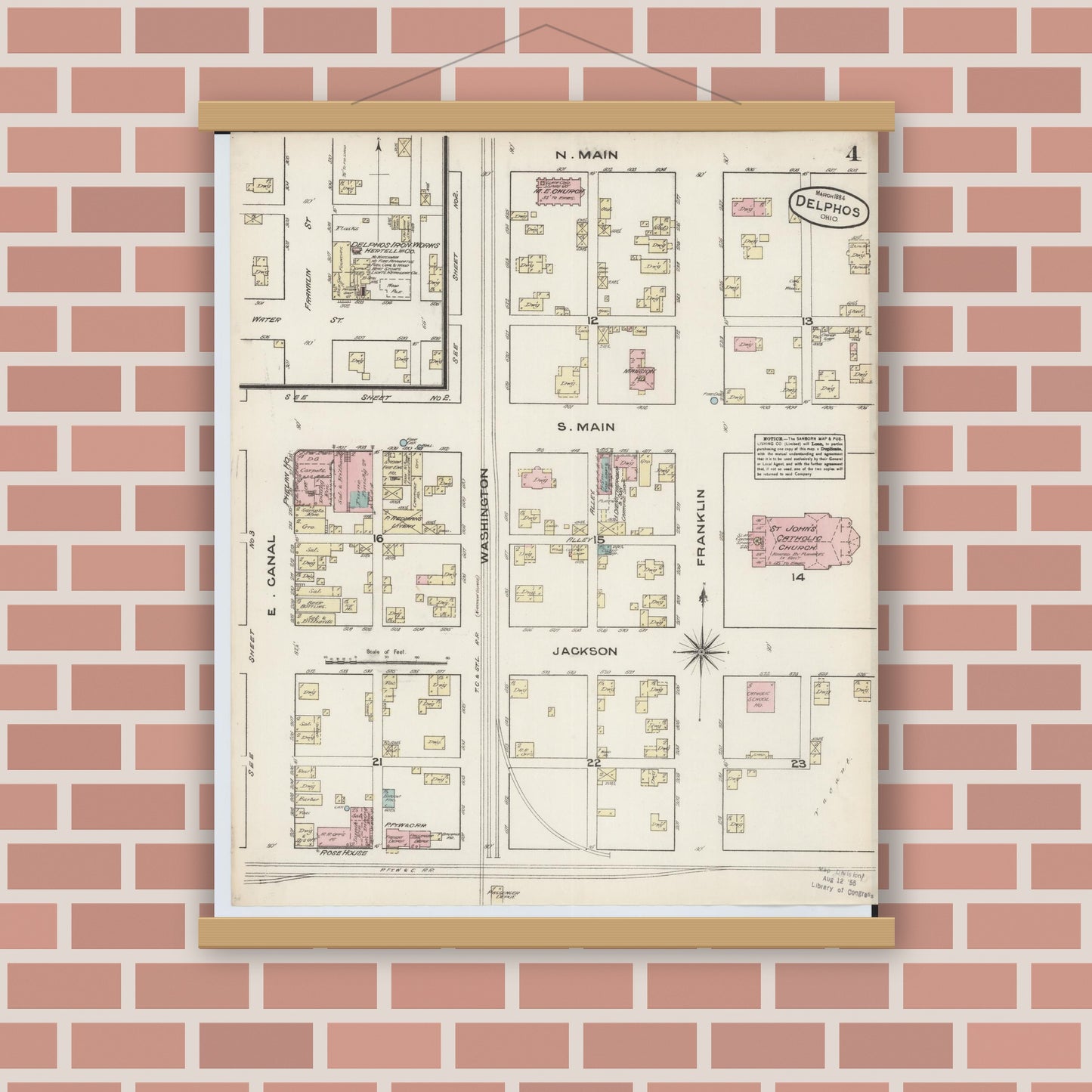 Old map wall art mockup — magnetic wood frame on brick wall — Sanborn Fire Insurance Map from Delphos, Van Wert And Allen Counties, Ohio (1884), Sheet #0004