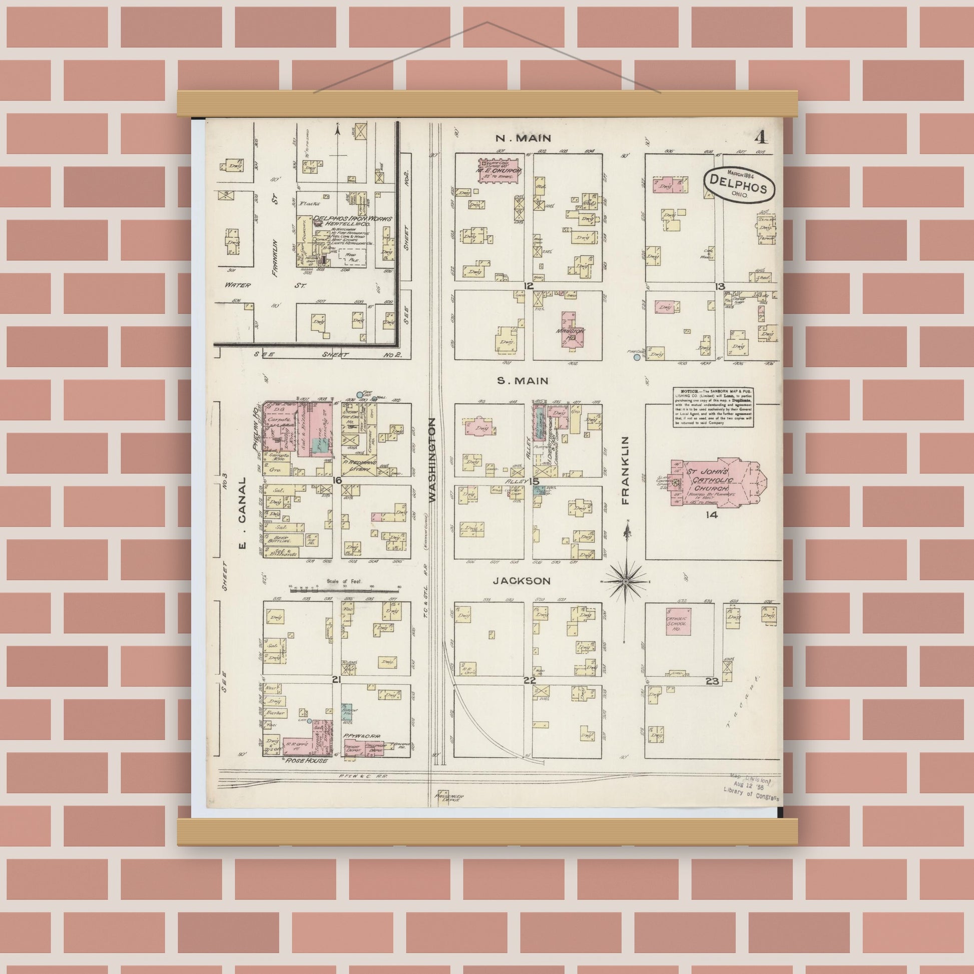 Old map wall art mockup — magnetic wood frame on brick wall — Sanborn Fire Insurance Map from Delphos, Van Wert And Allen Counties, Ohio (1884), Sheet #0004