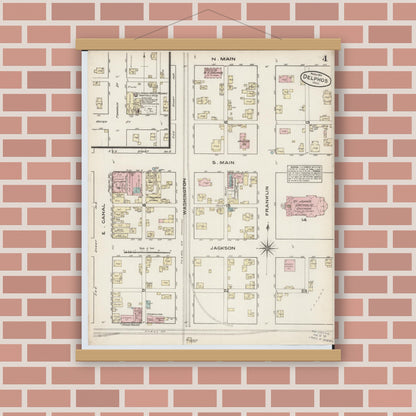 Old map wall art mockup — magnetic wood frame on brick wall — Sanborn Fire Insurance Map from Delphos, Van Wert And Allen Counties, Ohio (1884), Sheet #0004