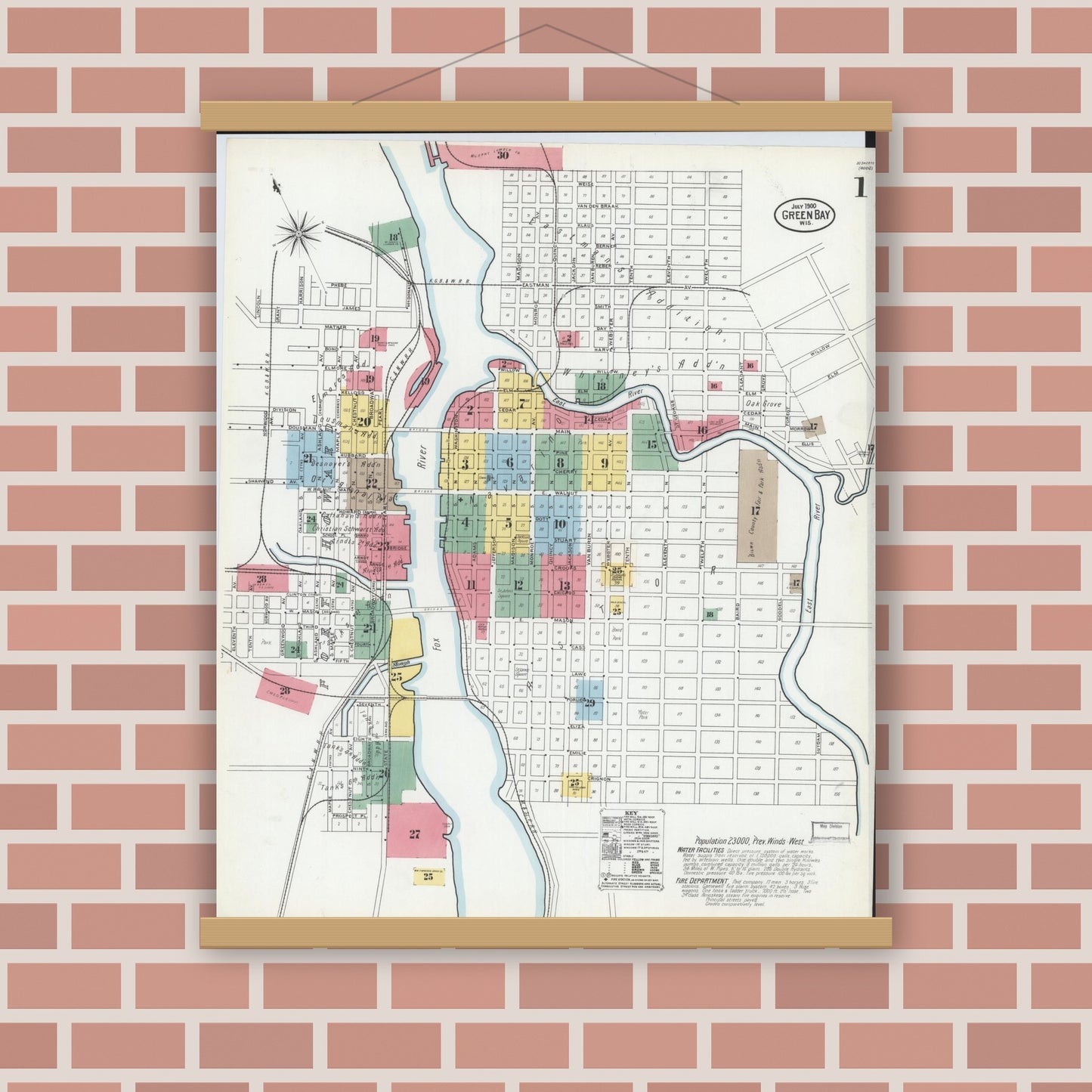Old map wall art mockup — magnetic wood frame on brick wall — Sanborn Fire Insurance Map from Green Bay, Brown County, Wisconsin (1900) - Complete Map Set