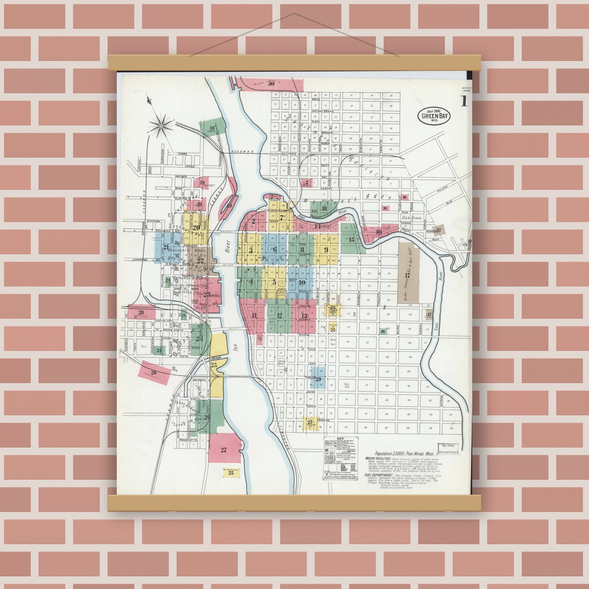 Old map wall art mockup — magnetic wood frame on brick wall — Sanborn Fire Insurance Map from Green Bay, Brown County, Wisconsin (1900) - Complete Map Set