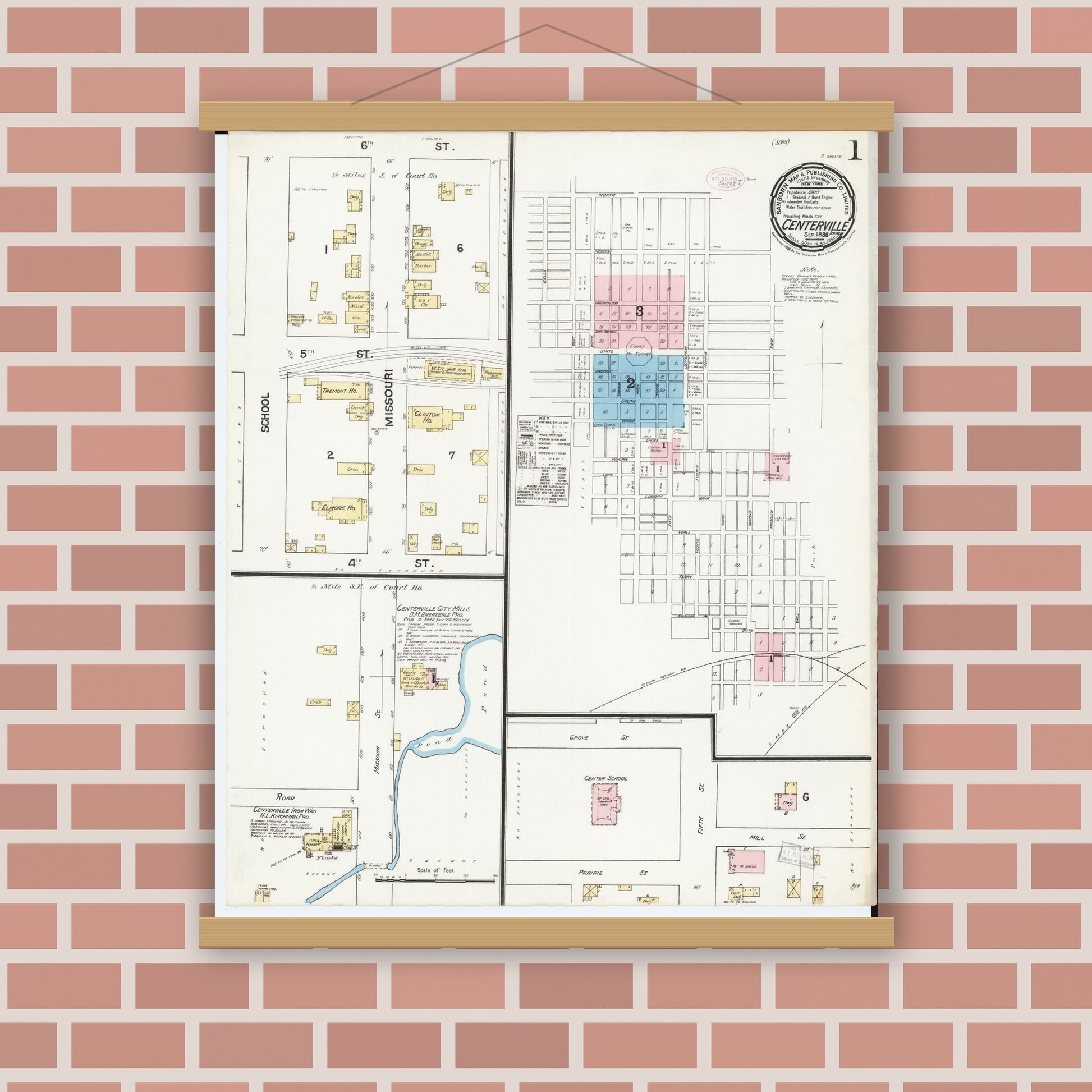 Old map wall art mockup — magnetic wood frame on brick wall — Sanborn Fire Insurance Map from Centerville, Appanoose County, Iowa (1888), Sheet #0001
