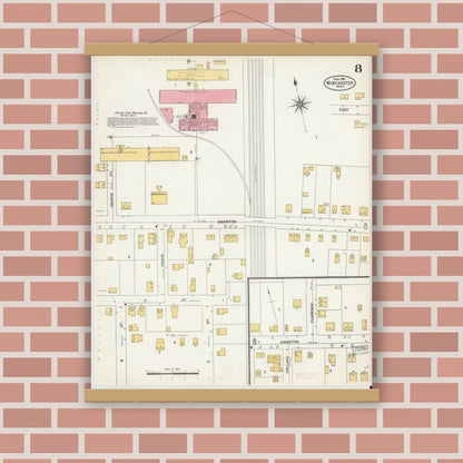 Old map wall art mockup — magnetic wood frame on brick wall — Sanborn Fire Insurance Map from Winchester, Middlesex County, Massachusetts (1904), Sheet #0008