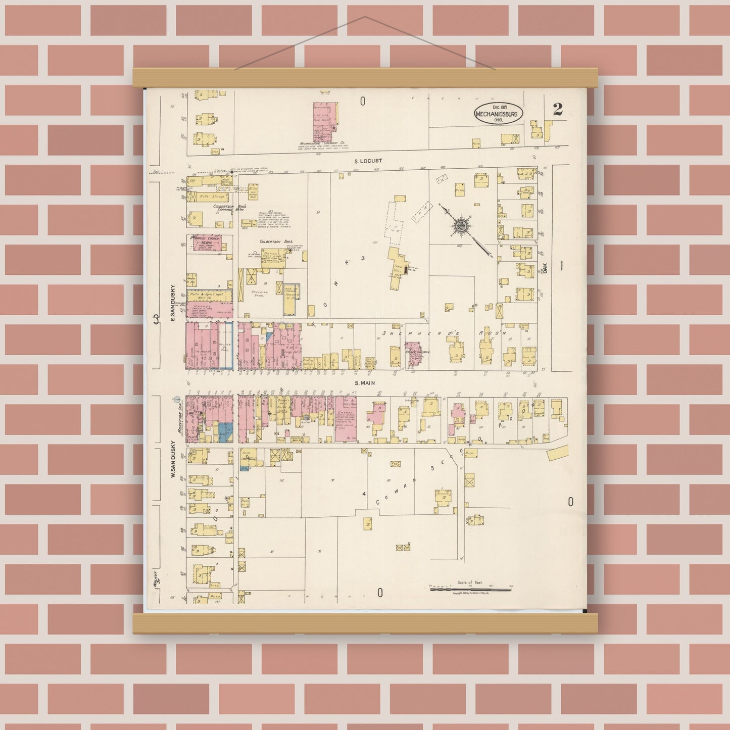 Old map wall art mockup — magnetic wood frame on brick wall — Sanborn Fire Insurance Map from Mechanicsburg, Champaign County, Ohio (1921), Sheet #0002