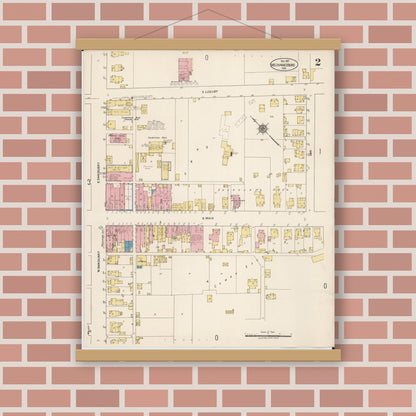 Old map wall art mockup — magnetic wood frame on brick wall — Sanborn Fire Insurance Map from Mechanicsburg, Champaign County, Ohio (1921), Sheet #0002