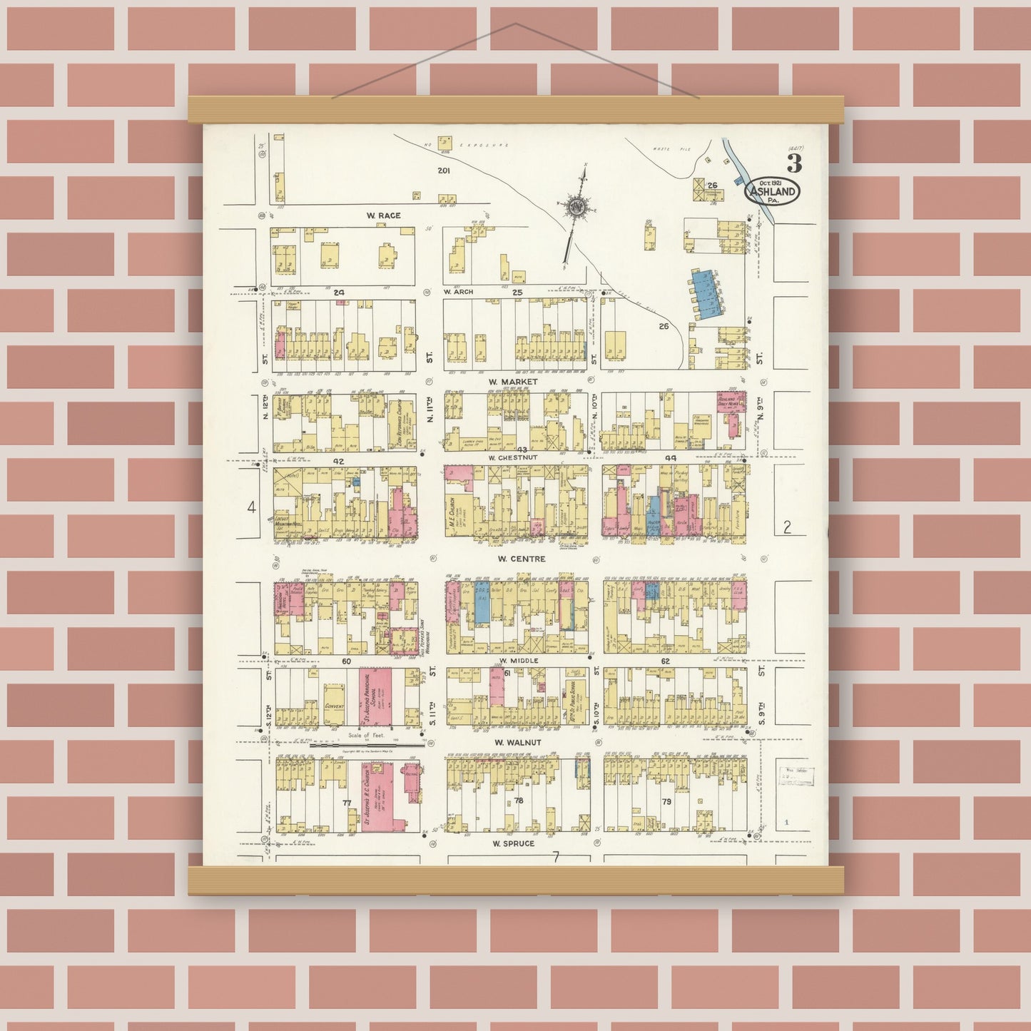 Old map wall art mockup — magnetic wood frame on brick wall — Sanborn Fire Insurance Map from Ashland, Schuylkill County, Pennsylvania (1921), Sheet #0003