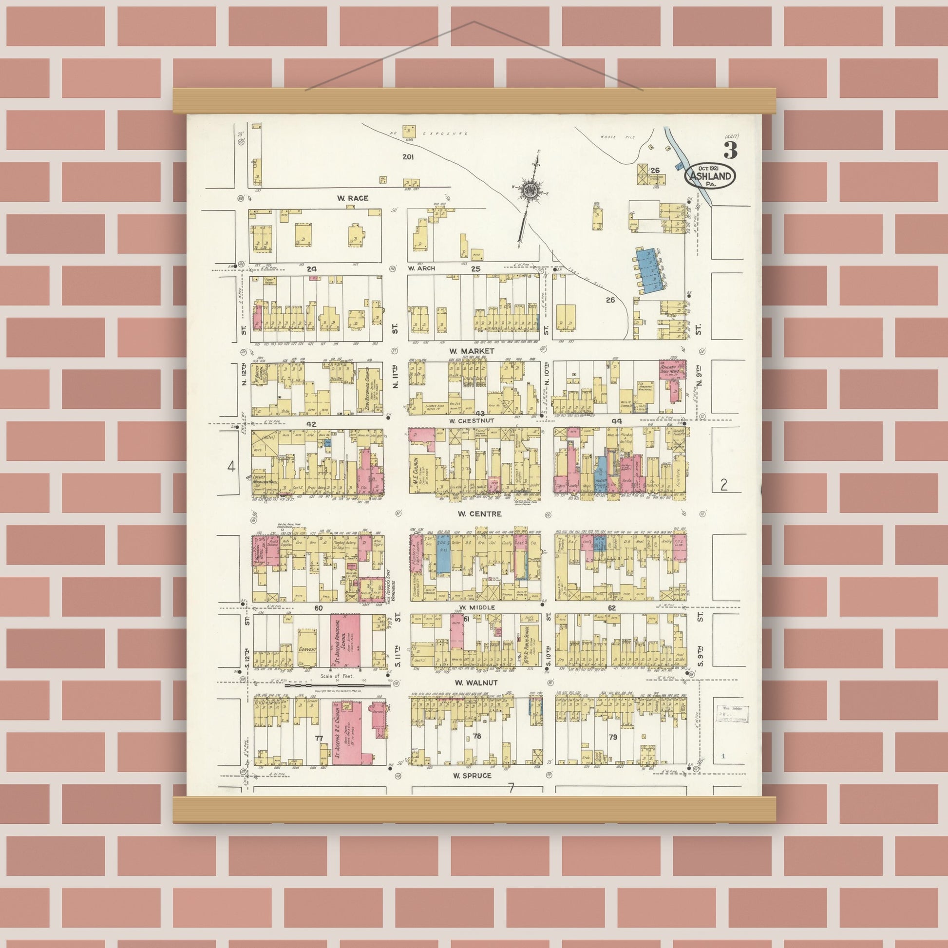 Old map wall art mockup — magnetic wood frame on brick wall — Sanborn Fire Insurance Map from Ashland, Schuylkill County, Pennsylvania (1921), Sheet #0003