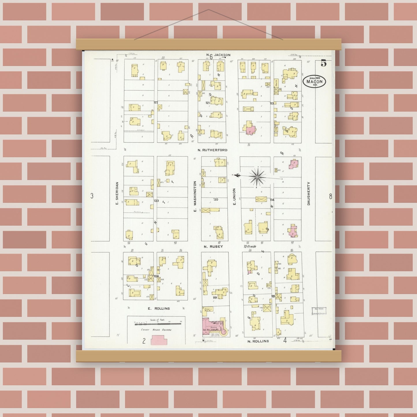 Old map wall art mockup — magnetic wood frame on brick wall — Sanborn Fire Insurance Map from Macon, Macon County, Missouri (1909), Sheet #0005