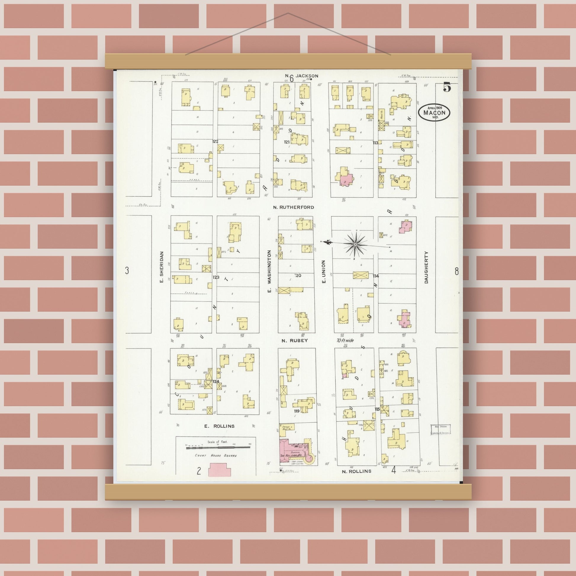 Old map wall art mockup — magnetic wood frame on brick wall — Sanborn Fire Insurance Map from Macon, Macon County, Missouri (1909), Sheet #0005