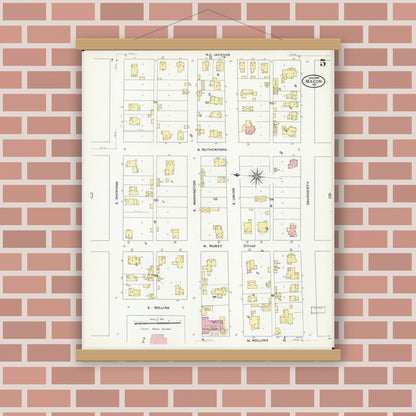 Old map wall art mockup — magnetic wood frame on brick wall — Sanborn Fire Insurance Map from Macon, Macon County, Missouri (1909), Sheet #0005
