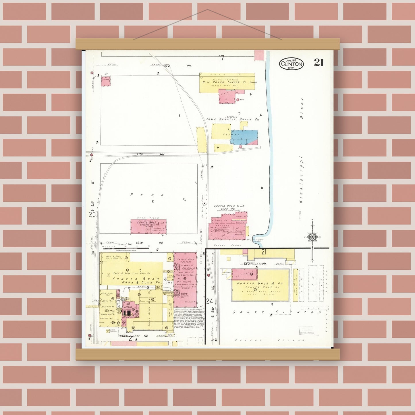 Old map wall art mockup — magnetic wood frame on brick wall — Sanborn Fire Insurance Map from Clinton, Clinton County, Iowa (1917), Sheet #0021