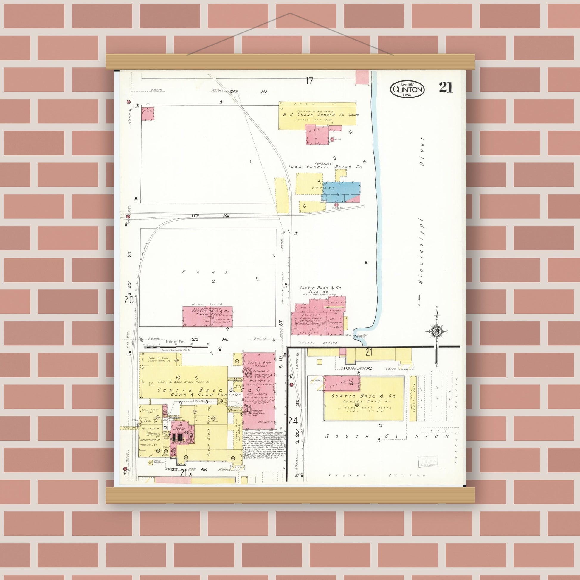 Old map wall art mockup — magnetic wood frame on brick wall — Sanborn Fire Insurance Map from Clinton, Clinton County, Iowa (1917), Sheet #0021