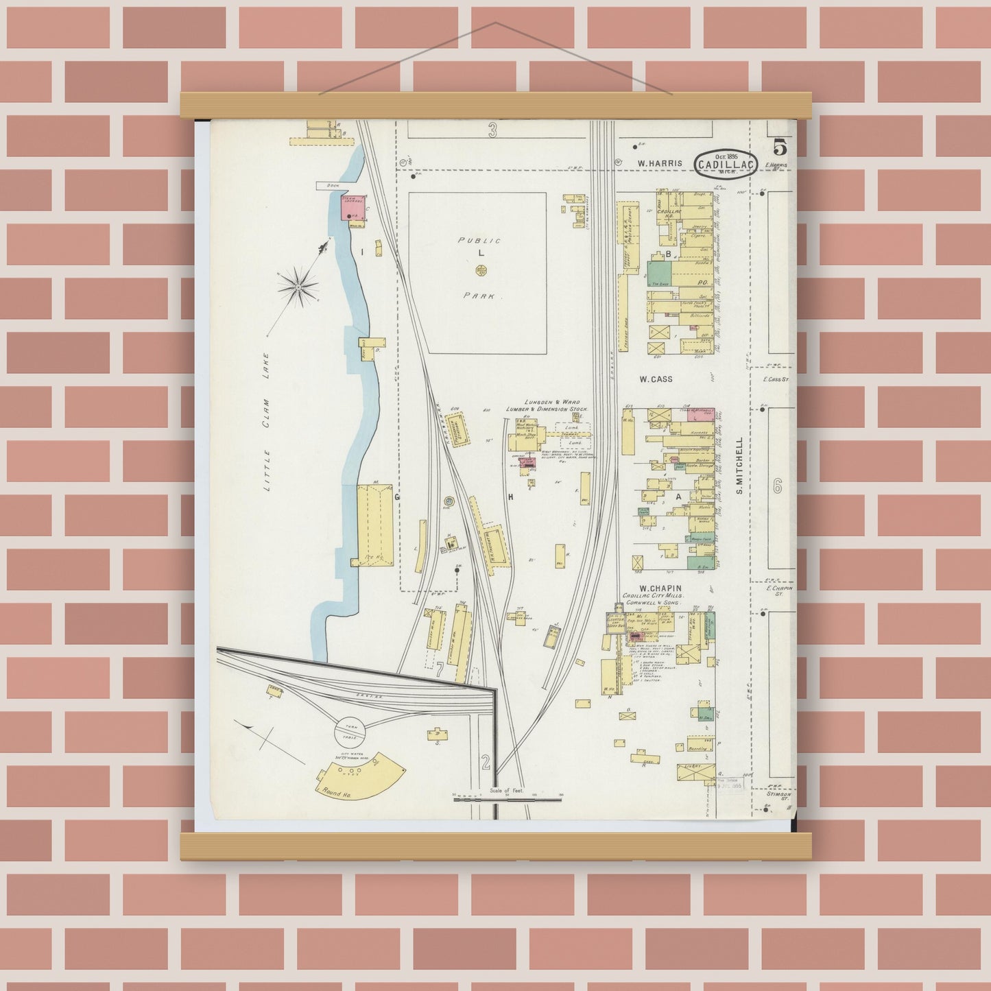 Old map wall art mockup — magnetic wood frame on brick wall — Sanborn Fire Insurance Map from Cadillac, Wexford County, Michigan (1895), Sheet #0005