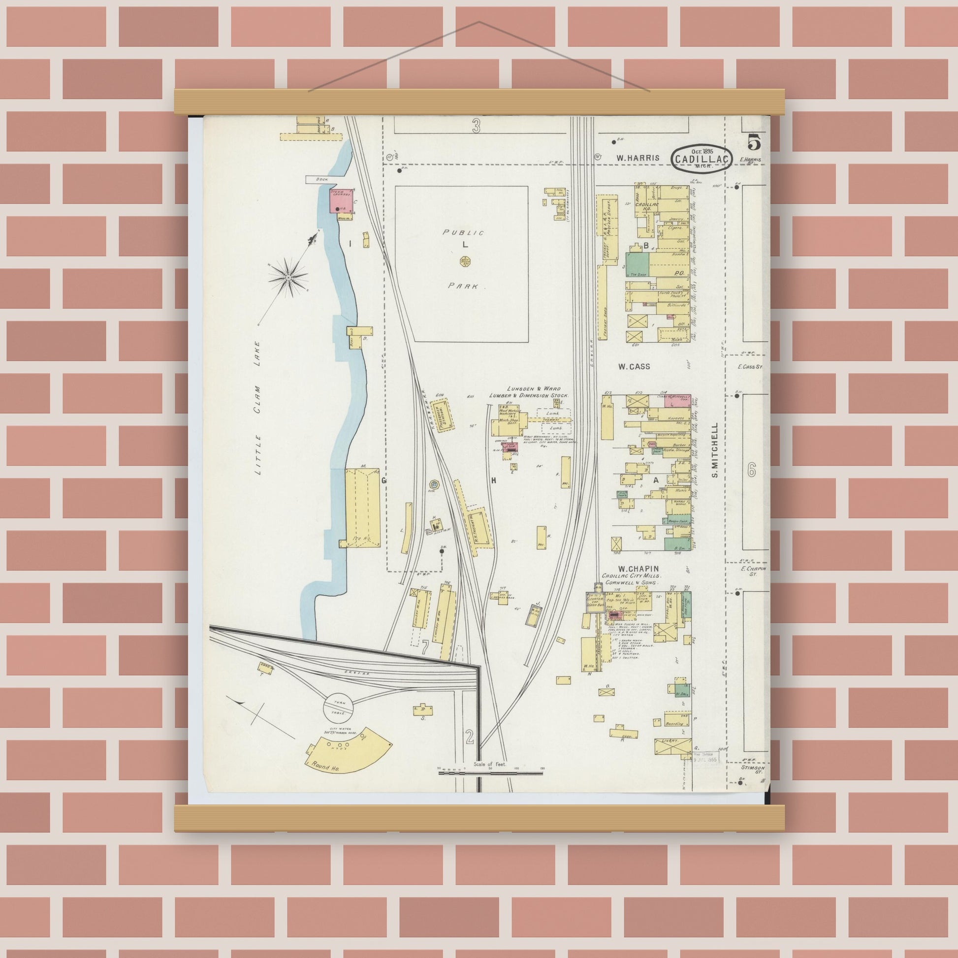Old map wall art mockup — magnetic wood frame on brick wall — Sanborn Fire Insurance Map from Cadillac, Wexford County, Michigan (1895), Sheet #0005