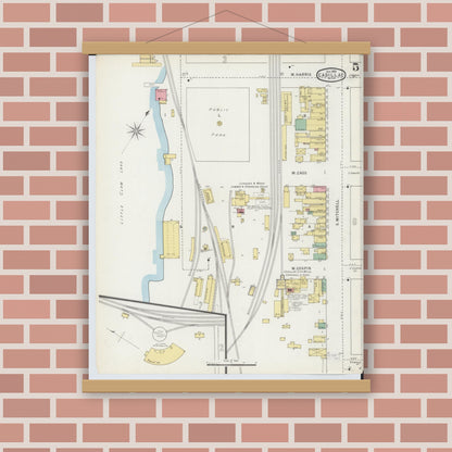 Old map wall art mockup — magnetic wood frame on brick wall — Sanborn Fire Insurance Map from Cadillac, Wexford County, Michigan (1895), Sheet #0005