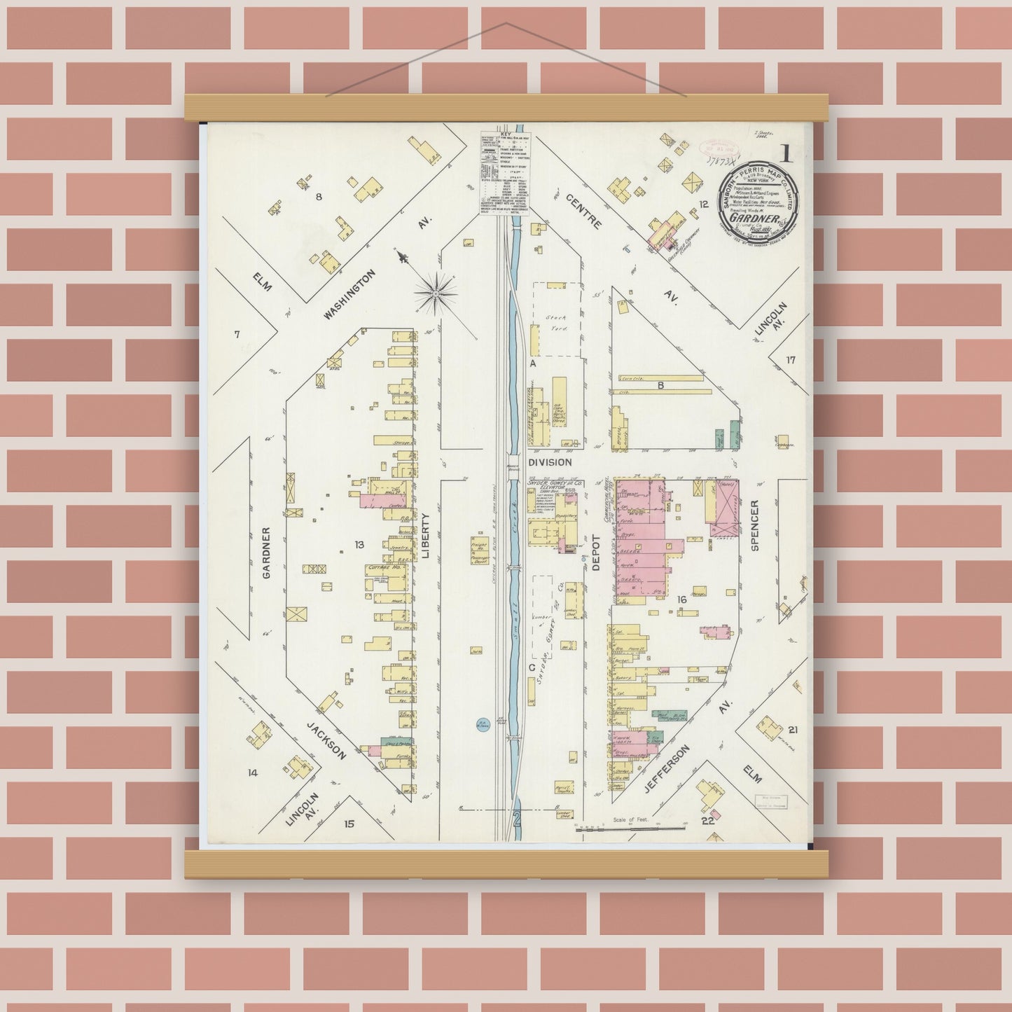 Old map wall art mockup — magnetic wood frame on brick wall — Sanborn Fire Insurance Map from Gardner, Grundy County, Illinois (1892), Sheet #0001