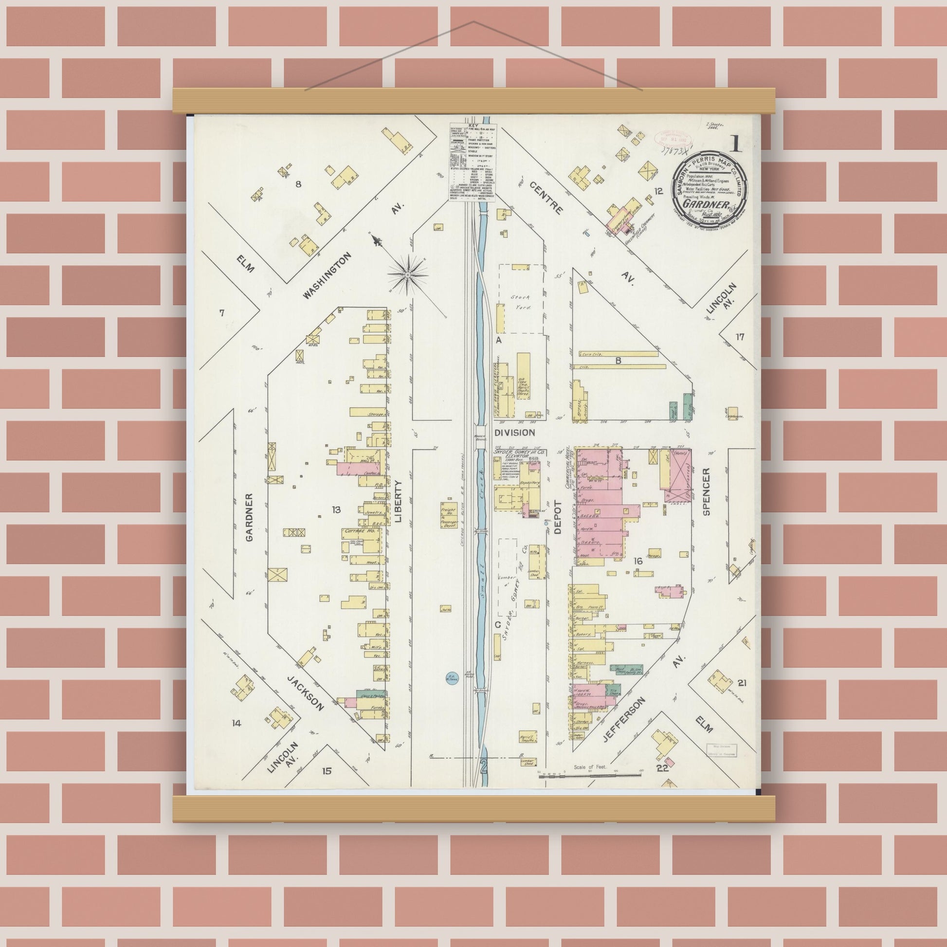 Old map wall art mockup — magnetic wood frame on brick wall — Sanborn Fire Insurance Map from Gardner, Grundy County, Illinois (1892), Sheet #0001